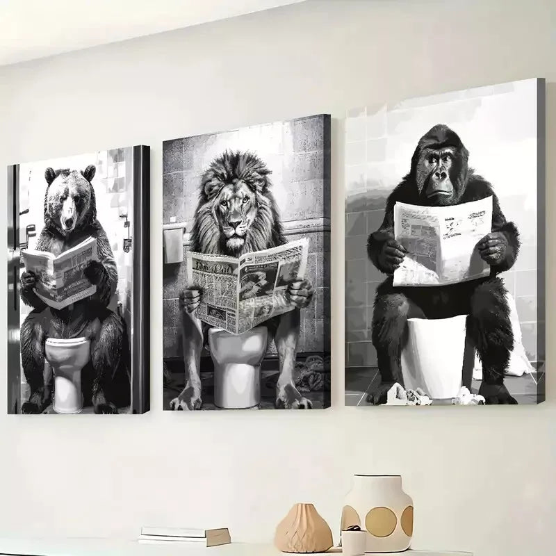 3pcs Black and White Fashion Animal Bathroom Wall Art Set Canvas Framed 50x70cm - High Quality Print 100% Australian Made Wall Canvas Ready to Hang