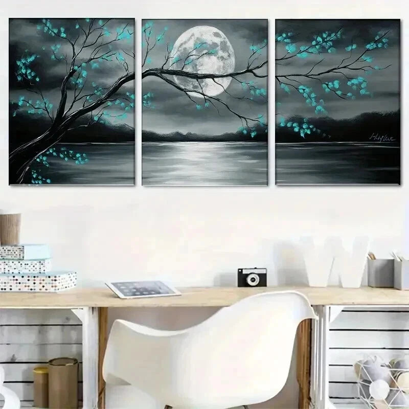 3pcs Gray and Teal Floral Landscape & Full Moon Wall Art Set Canvas Framed 50x70cm - High Quality Print 100% Australian Made Wall Canvas Ready to Hang - Bella Home Decor