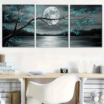 3pcs Gray and Teal Floral Landscape & Full Moon Wall Art Set Canvas Framed 50x70cm - High Quality Print 100% Australian Made Wall Canvas Ready to Hang - Bella Home Decor
