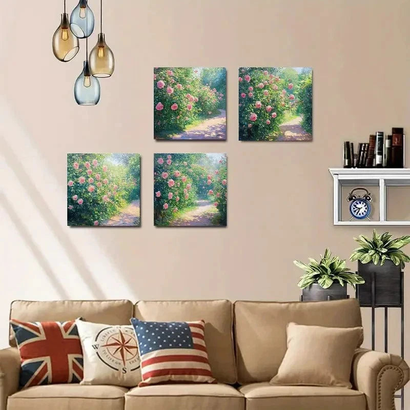 4pcsBlooming Rose Garden Wall Art Canvas Framed