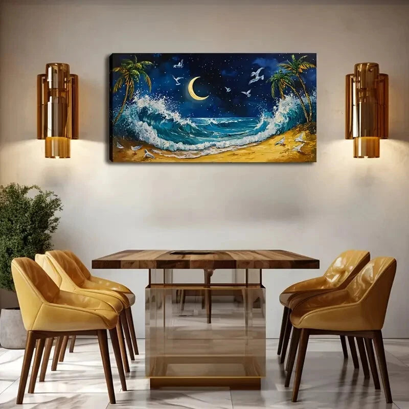 Moonlit Beach Scene With Waves Wall Art Canvas Office Home Room Framed 120x60cm - Bella Home Decor