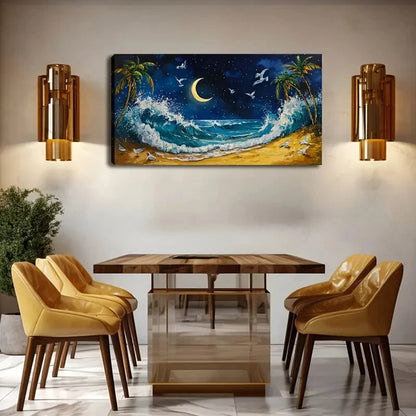 Moonlit Beach Scene With Waves Wall Art Canvas Office Home Room Framed 120x60cm - Bella Home Decor