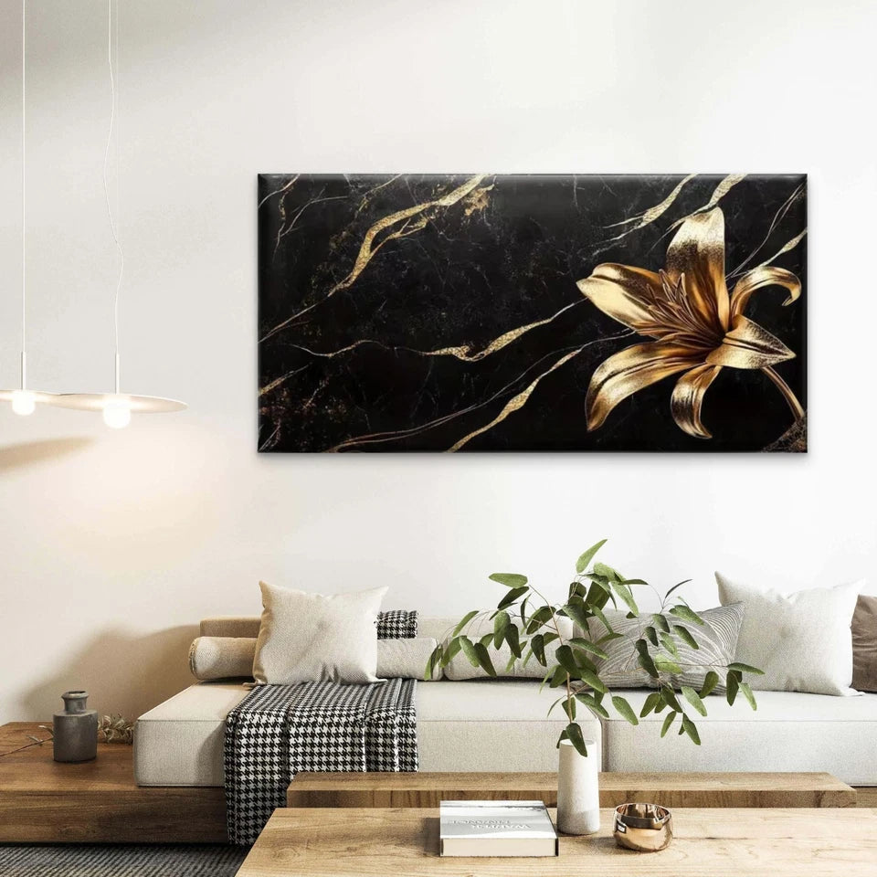 Golden Lily Wall Art Canvas Office Home Room Framed 120x60cm - Bella Home Decor