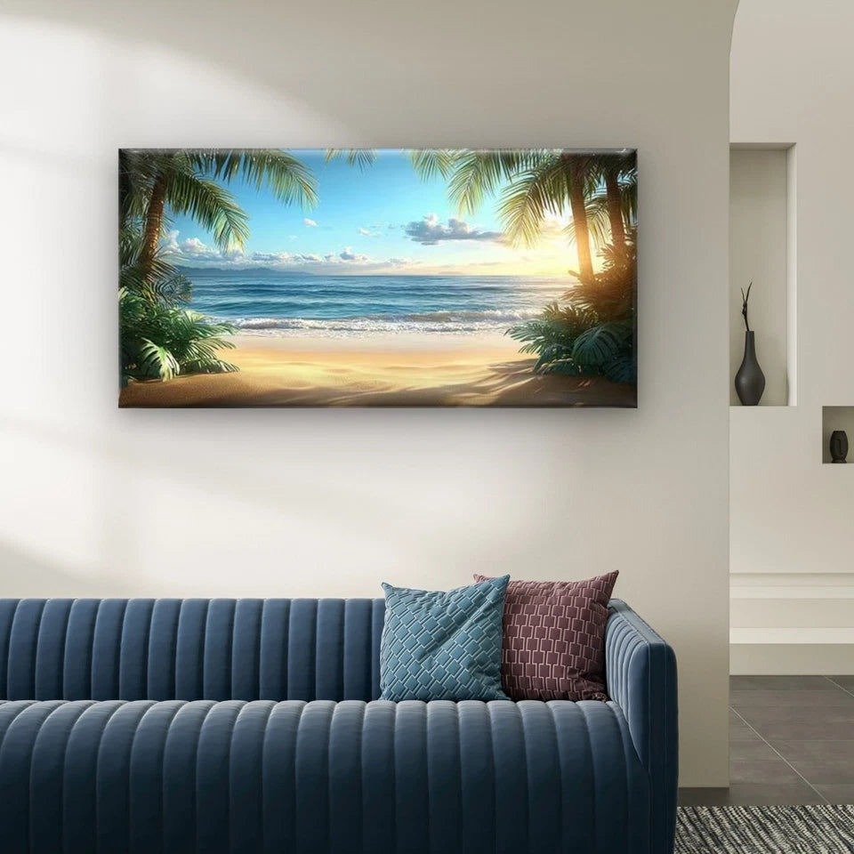 Tropical Beach Sunrise Wall Art Canvas Office Home Room Framed 120x60cm