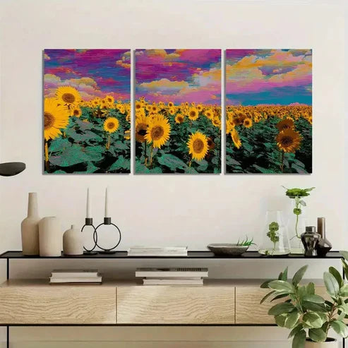 3pcs Sunflower Field Holographic Blooms Wall Art Set Canvas Unframed - High Quality Print 100% Australian Made Wall Canvas