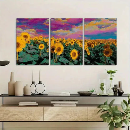 3pcs Sunflower Field Holographic Blooms Wall Art Set Canvas Unframed - High Quality Print 100% Australian Made Wall Canvas