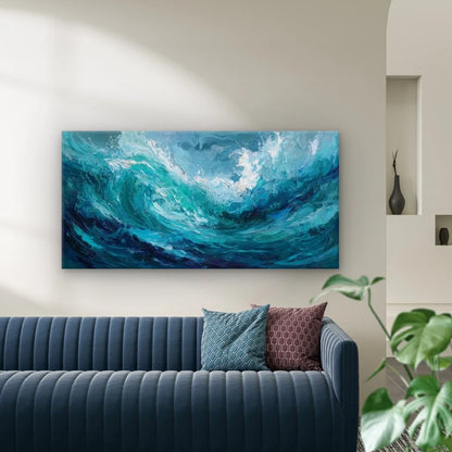 Blue & Waves Painting Wall Art Canvas Office Home Room Framed 120x60cm
