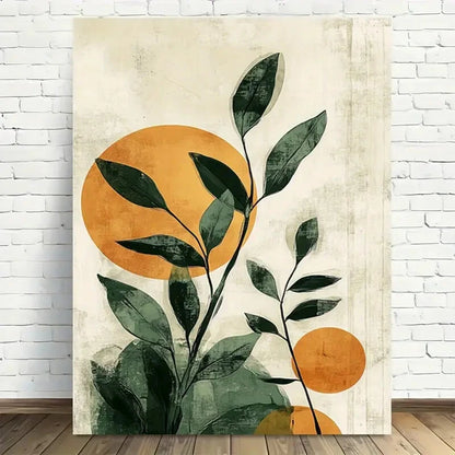 Beautiful Abstract Plant Green Leaves Orange Painting 40x60cm Metal Print Ready to Hang - Bella Home Decor