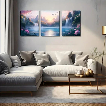 3pcs Serene Waterfall & Mountain Landscape  Wall Art Set Canvas Unframed - High Quality Print 100% Australian Made Wall Canvas