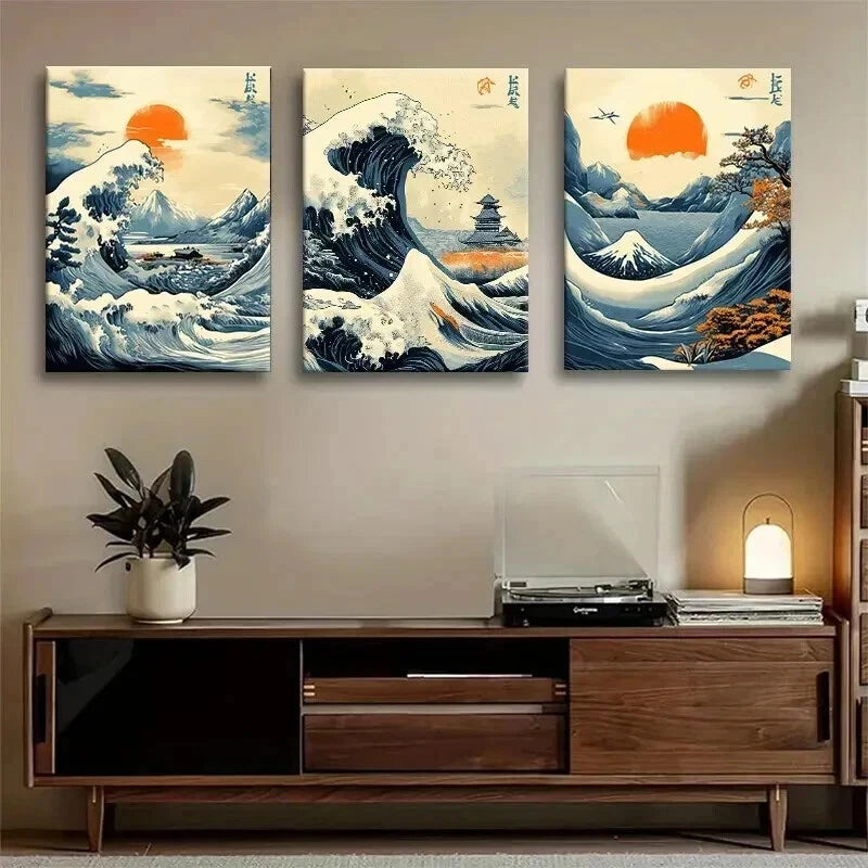 3pcs Japanese Wave Ukiyo-E Ocean Perfect Wall Art Set Canvas Framed 40x60cm - High Quality Print 100% Australian Made Wall Canvas Ready to Hang - Bella Home Decor