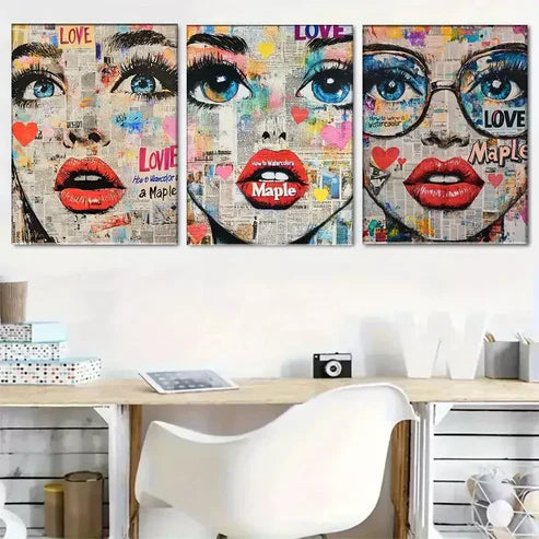 3pcs Pop-Art Style Female Face Triptych Wall Art Set Wall Art Canvas Unframed - High Quality Print 100% Australian Made Wall Canvas