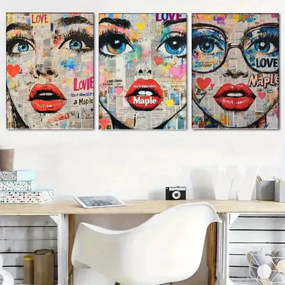 3pcs Pop-Art Style Female Face Triptych Wall Art Set Wall Art Canvas Unframed - High Quality Print 100% Australian Made Wall Canvas