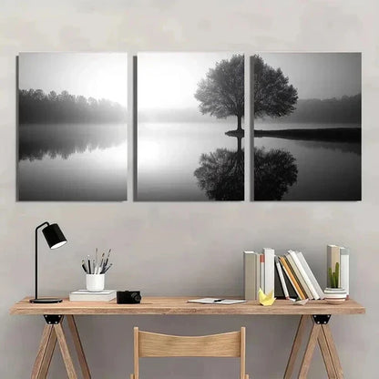 3pcs Black And White Tree Silhouette & Lake Wall Art Canvas Unframed - High Quality Print 100% Australian Made Wall Canvas - Bella Home Decor