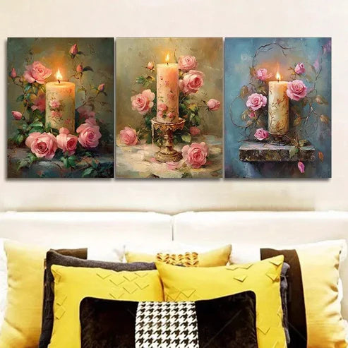 3pcs Pink Roses & Candle Wall Art Canvas Unframed - High Quality Print 100% Australian Made Wall Canvas