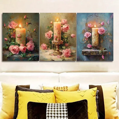 3pcs Pink Roses & Candle Wall Art Canvas Unframed - High Quality Print 100% Australian Made Wall Canvas