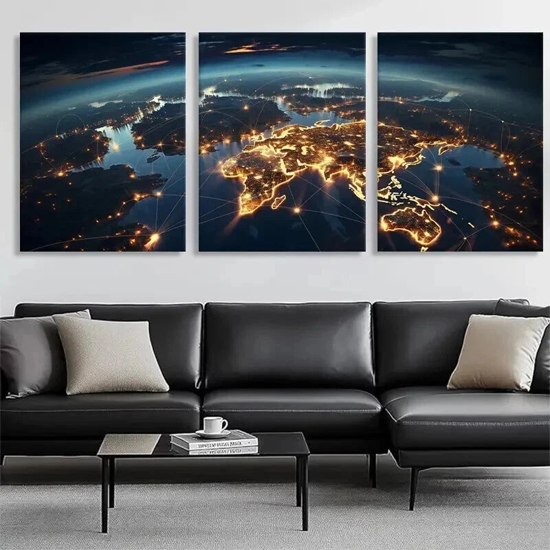 3pcs Global Network Connections Map Perfect Wall Art Set Canvas Framed 50x70cm - High Quality Print 100% Australian Made Wall Canvas Ready to Hang - Bella Home Decor