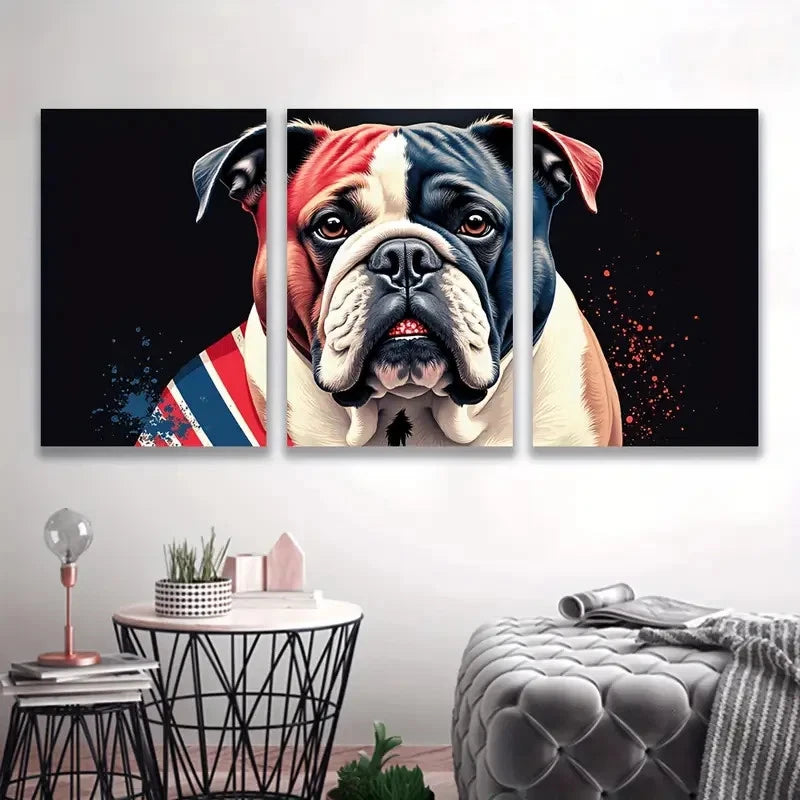 3pcs Bulldog Patriotic & British Flags Design A  Wall Art Set Canvas Framed 60x90cm - High Quality Print 100% Australian Made Wall Canvas Ready to Hang - Bella Home Decor