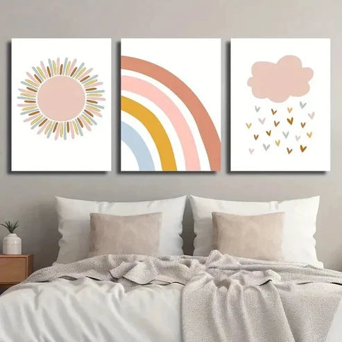 3pcs Cartoon Sun and Rainbow and Love Rain Wall Art Canvas Unframed - High Quality Print 100% Australian Made Wall Canvas - Bella Home Decor