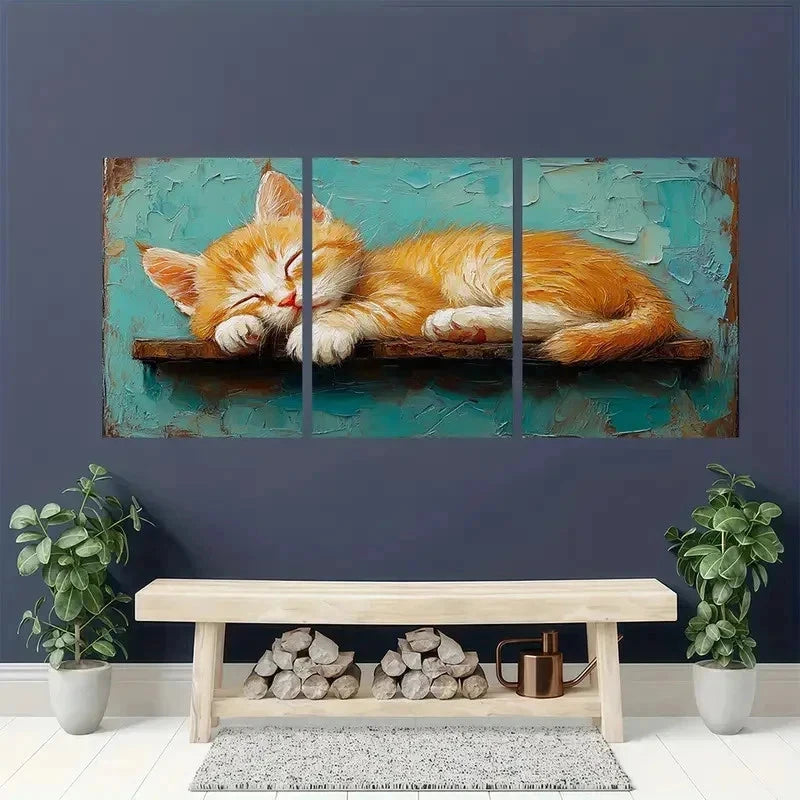 3pcs Orange Kitten Stretching Animal Perfect Wall Art Set Canvas Framed 50x70cm - High Quality Print 100% Australian Made Wall Canvas Ready to Hang