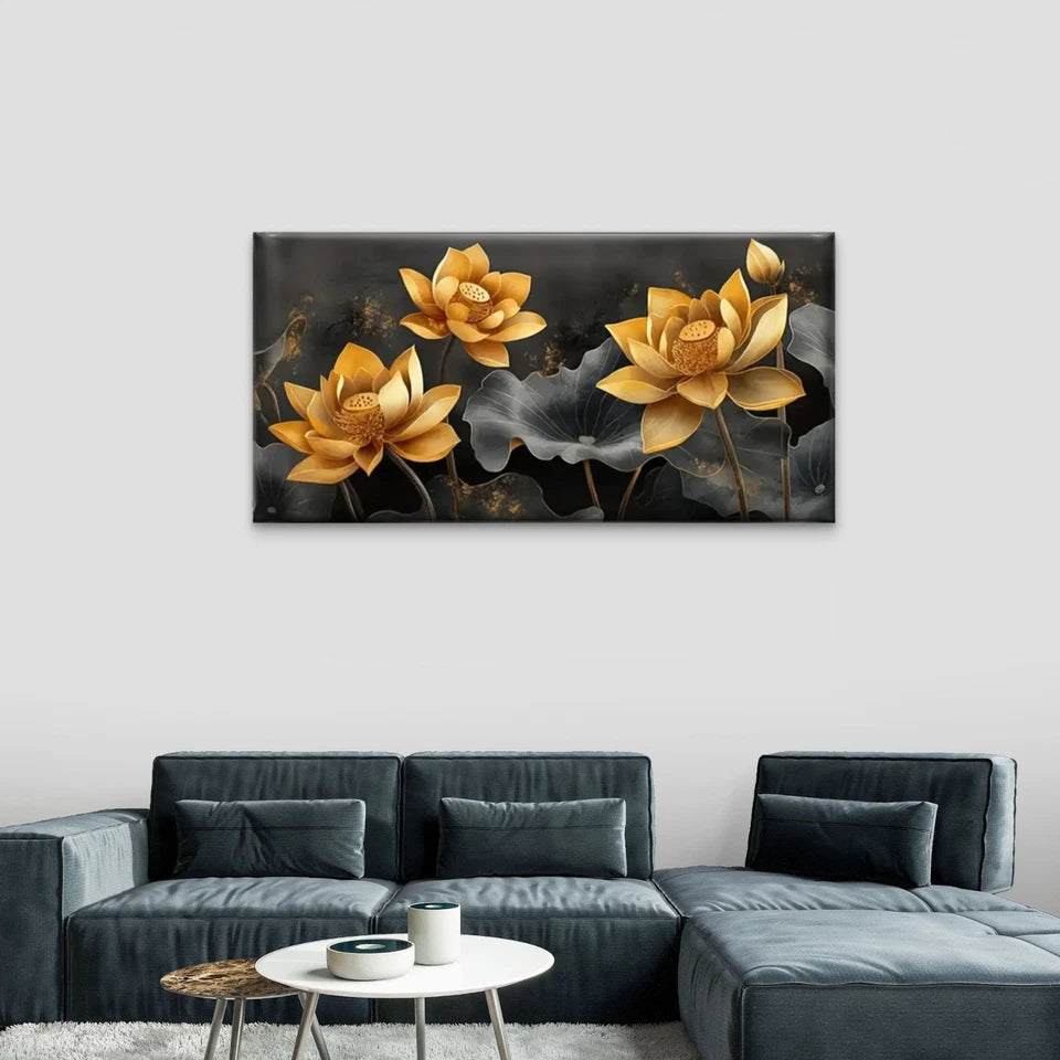 Lotus Yellow Dark Perfect Wall Art Canvas Office Home Room Framed 120x60cm