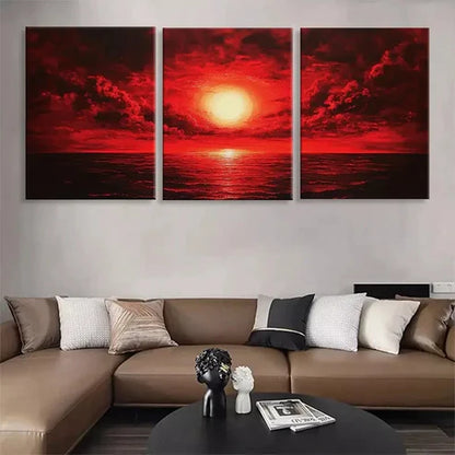 3pcs Red Sunset Ocean Sky and Sea Perfect Wall Art Set Canvas Unframed - High Quality Print 100% Australian Made Wall Canvas