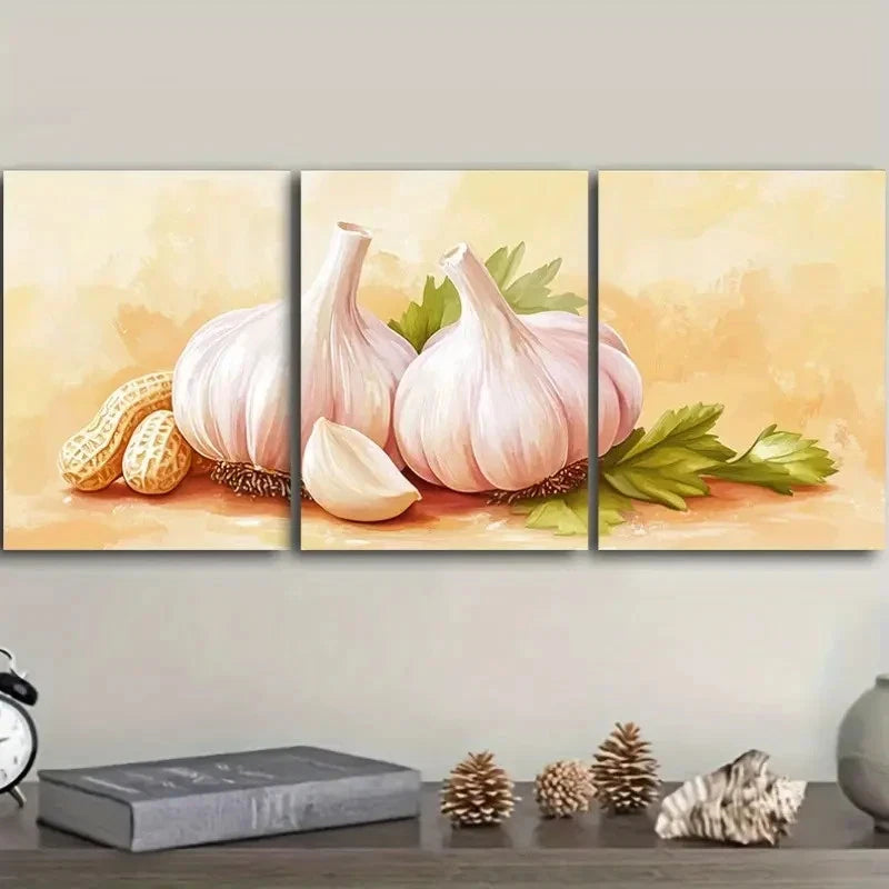 3pcs Featuring Garlic, Ideal for Decorating Wall Art Set Canvas Framed 40x60cm - High Quality Print 100% Australian Made Wall Canvas Ready to Hang
