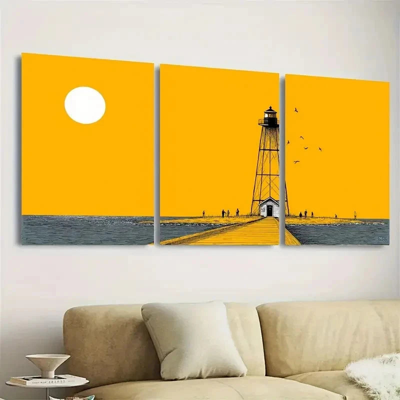 3pcs Vibrant Yellow & Blue Seascape Wall Art Set Canvas Framed 50x70cm - High Quality Print 100% Australian Made Wall Canvas Ready to Hang