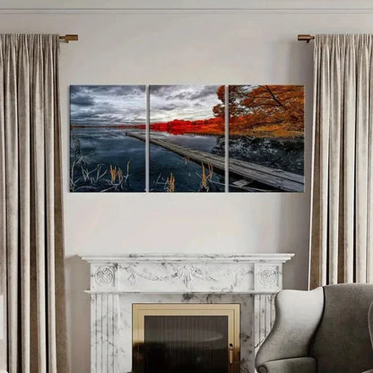 3pcs Natural Autumn Modern Pier Bridge Wall Art Canvas Unframed - High Quality Print 100% Australian Made Wall Canvas