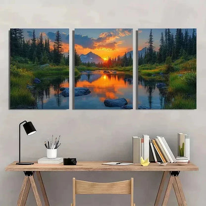 3pcs Natural Scenery with Reflective Trees Wall Art Canvas Unframed - High Quality Print 100% Australian Made Wall Canvas