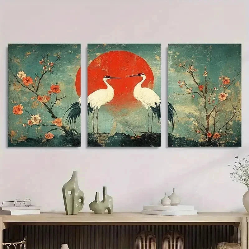3pcs Two Cranes Utagawa Hiroshige Perfect Wall Art Set Canvas Framed 60x90cm - High Quality Print 100% Australian Made Wall Canvas Ready to Hang