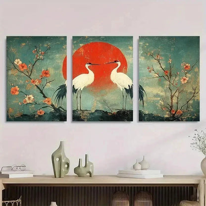 3pcs Two Cranes Utagawa Hiroshige Perfect Wall Art Set Canvas Framed 60x90cm - High Quality Print 100% Australian Made Wall Canvas Ready to Hang