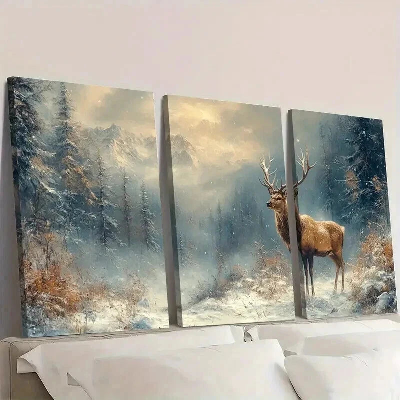 3pcs Seasonal Decoration Deer Winter Forest Wall Art Set Canvas Framed 60x90cm - High Quality Print 100% Australian Made Wall Canvas Ready to Hang - Bella Home Decor