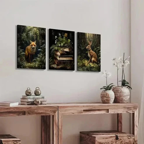 3pcs Fox Rabbit Books Rustic Wall Art Set Canvas Unframed - High Quality Print 100% Australian Made Wall Canvas - Bella Home Decor