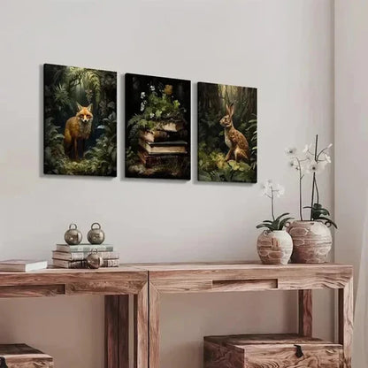 3pcs Fox Rabbit Books Rustic Wall Art Set Canvas Unframed - High Quality Print 100% Australian Made Wall Canvas - Bella Home Decor