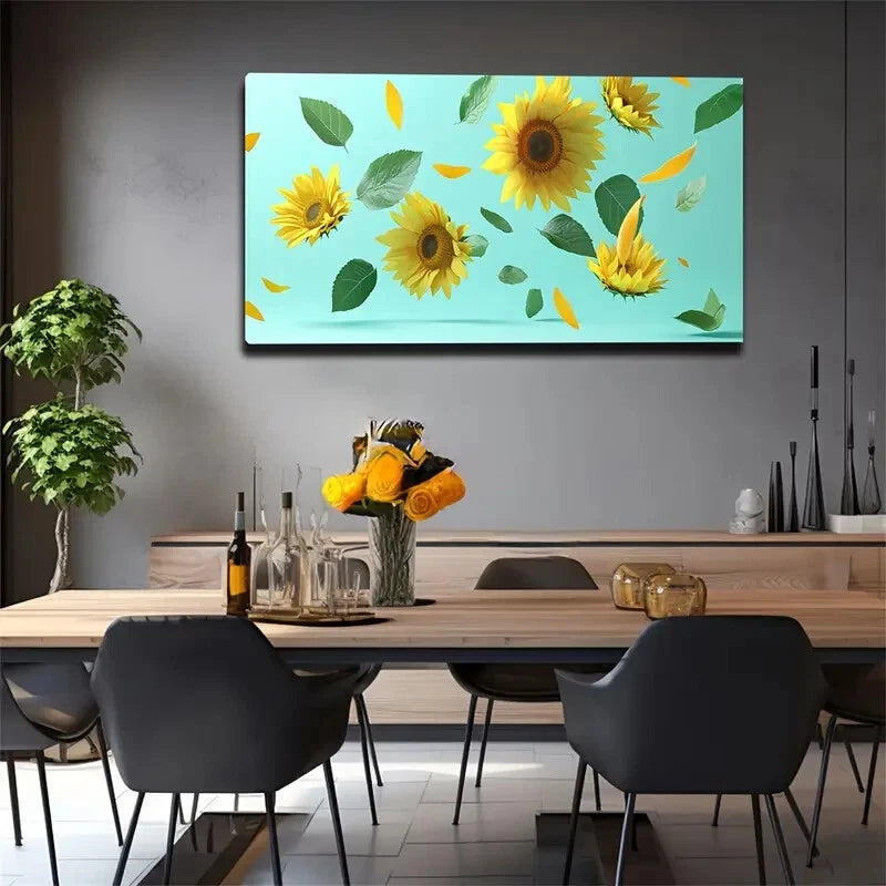 Sunflowers Dancing Leaves Wall Art canvas office home room framed 120x60cm - Bella Home Decor