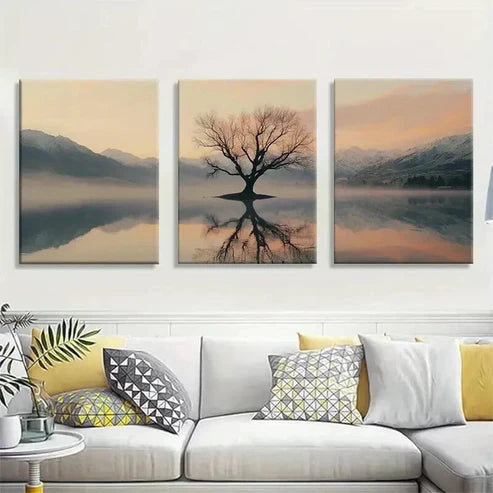 3pcs Reflection of Lone Tree in Misty Mountain Wall Art Canvas Unframed - High Quality Print 100% Australian Made Wall Canvas