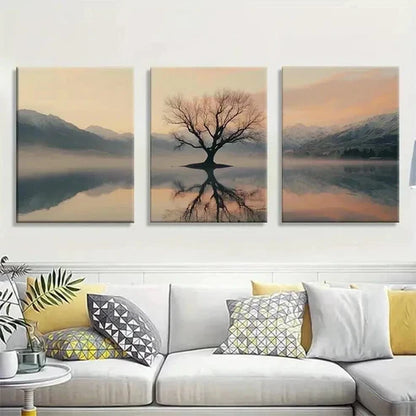 3pcs Reflection of Lone Tree in Misty Mountain Wall Art Canvas Unframed - High Quality Print 100% Australian Made Wall Canvas