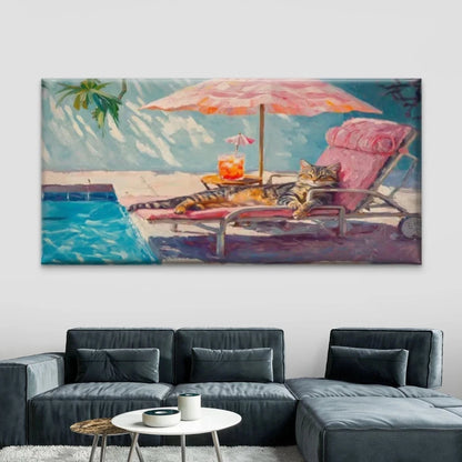 Poolside Cat & Tabby Cat Wall Art Canvas Office Home Room Framed 120x60cm