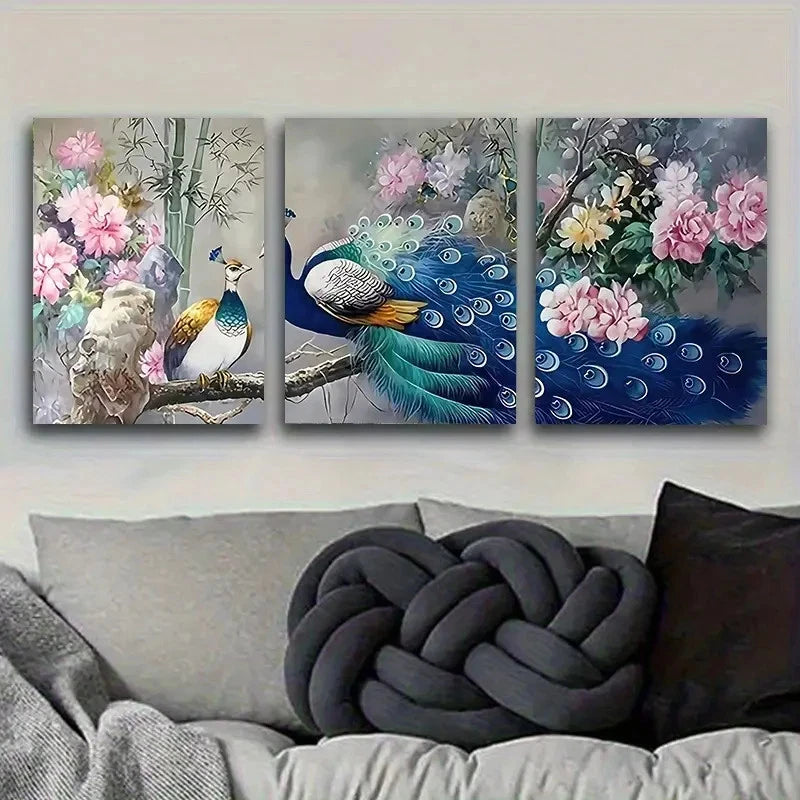 3pcs PeaRooster and Flowers Illustration Wall Art Set Canvas Framed 40x60cm - High Quality Print 100% Australian Made Wall Canvas Ready to Hang
