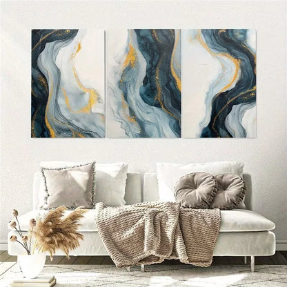 3pcs Abstract Golden and Blue Wavy Lines Wall Art Set Canvas Framed 60x90cm - High Quality Print 100% Australian Made Wall Canvas Ready to Hang
