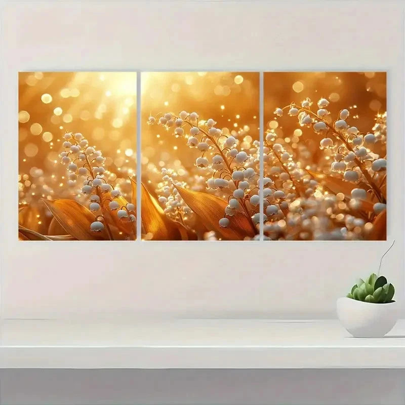 3pcs Lily of the Valley   Floral Art  A   Wall Art Set Canvas Framed 50x70cm - High Quality Print 100% Australian Made Wall Canvas Ready to Hang