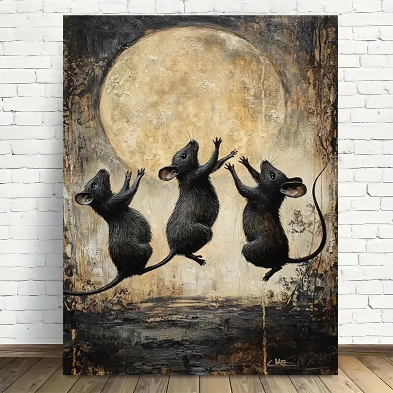 Beautiful Whimsical Jumping Mice Under Moon Painting 40x60cm Metal Print Ready to Hang - Bella Home Decor