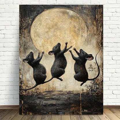 Beautiful Whimsical Jumping Mice Under Moon Painting 40x60cm Metal Print Ready to Hang - Bella Home Decor