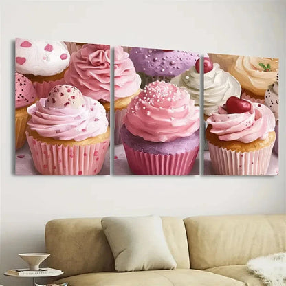 3pcs Pink Cupcake Whimsical Dessert Lovers Art Wall Art Set Canvas Framed 50x70cm - High Quality Print 100% Australian Made Wall Canvas Ready to Hang
