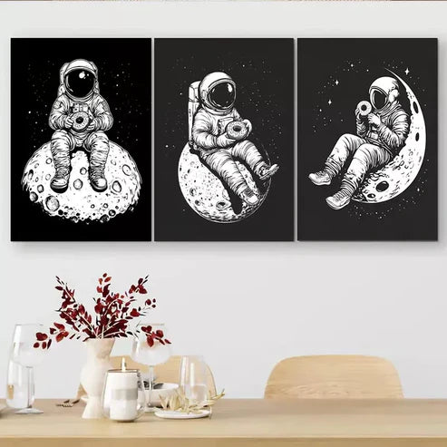 3 PCS Astronaut On Moon In Black And White Wall Art Set Canvas Unframed - High Quality Print 100% Australian Made Wall Canvas