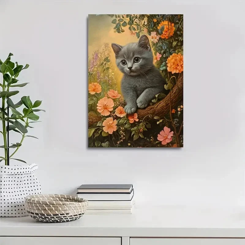 Charming Russian Blue Kitten Painting 40x60cm Metal Print Ready to Hang - Bella Home Decor