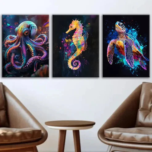 3pcs Abstract Neon Animals Octopus Seahorse Blue Wall Art Set Canvas Unframed - High Quality Print 100% Australian Made Wall Canvas