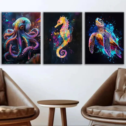 3pcs Abstract Neon Animals Octopus Seahorse Blue Wall Art Set Canvas Unframed - High Quality Print 100% Australian Made Wall Canvas