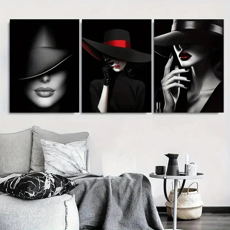 3pcs Chic Lady in Black Fedora Wall Art Set Canvas Framed 60x90cm - High Quality Print 100% Australian Made Wall Canvas Ready to Hang