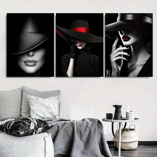 3pcs Chic Lady in Black Fedora Wall Art Set Canvas Framed 60x90cm - High Quality Print 100% Australian Made Wall Canvas Ready to Hang